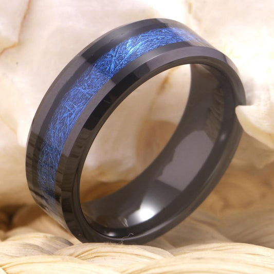 8mm Blue Meteorite Tungsten Unisex Ring - Promise Rings
