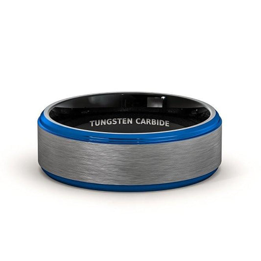 8mm Blue Polished Edge & Silver Matte Mens Ring - Promise Rings