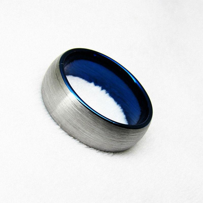 8mm Blue & Silver Brushed Mens Ring - Promise Rings