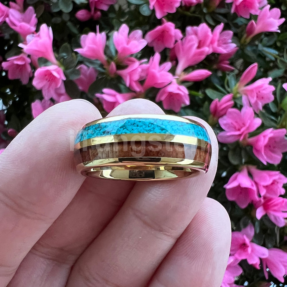 8mm Blue Turquoise & Koa Wood Inlay Tungsten Unisex Ring - Promise Rings