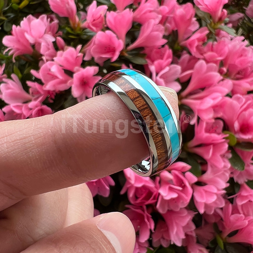 8mm Blue Turquoise Koa Wood Silver Unisex Ring - Promise Rings