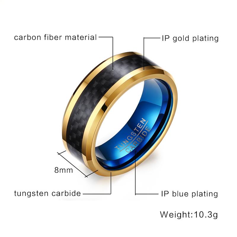 8mm Blue and Gold Plated Black Tungsten Mens Ring - Promise Rings