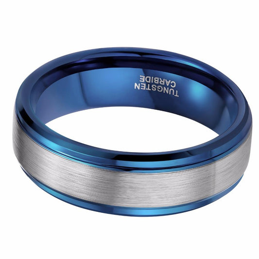 8mm Blue and Silver High Polish Tungsten Mens Ring - Promise Rings
