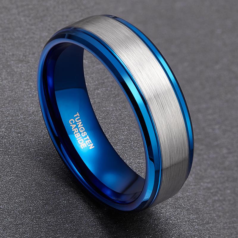 8mm Blue and Silver High Polish Tungsten Mens Ring - Promise Rings