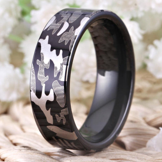 8mm Camo Military Design Tungsten Mens Ring - Promise Rings