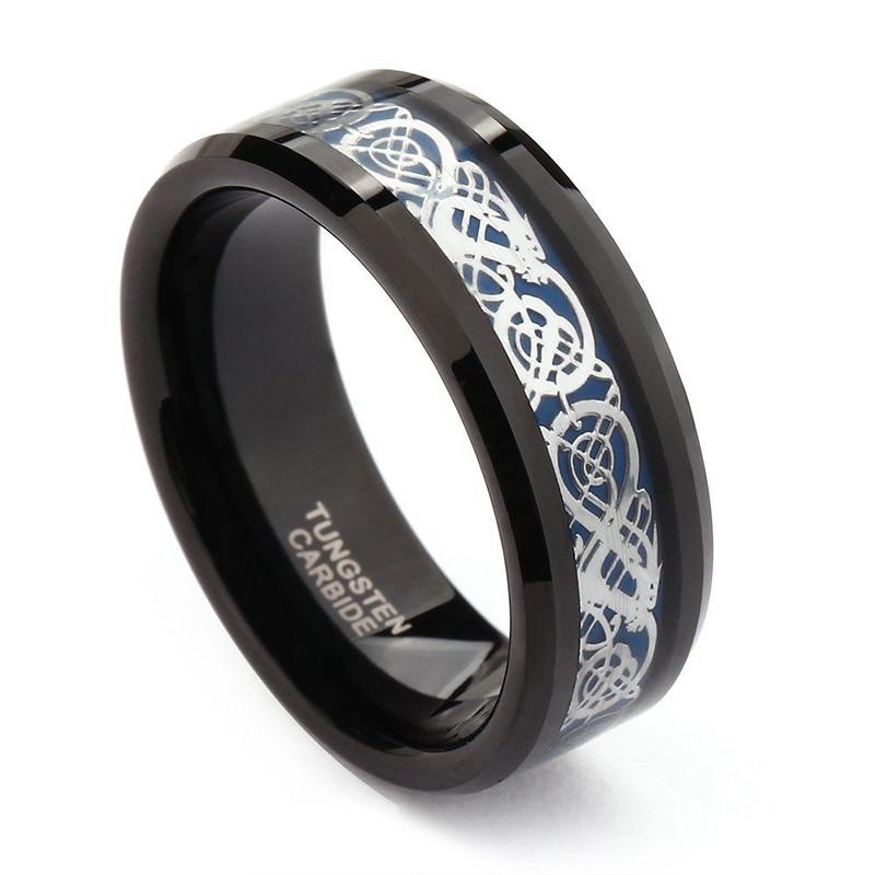 8mm Celtic Dragon Silver Blue Black Tungsten Unisex RIng - Promise Rings