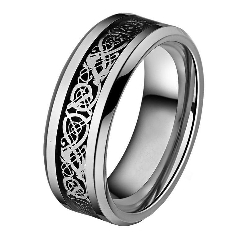 8mm Celtic Dragon Silver Tungsten Unisex Ring - Promise Rings
