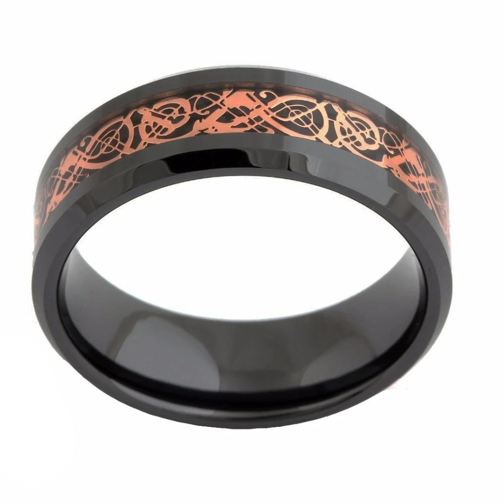 8mm Celtic Red Golden Dragon Black Ceramic Unisex Ring - Promise Rings