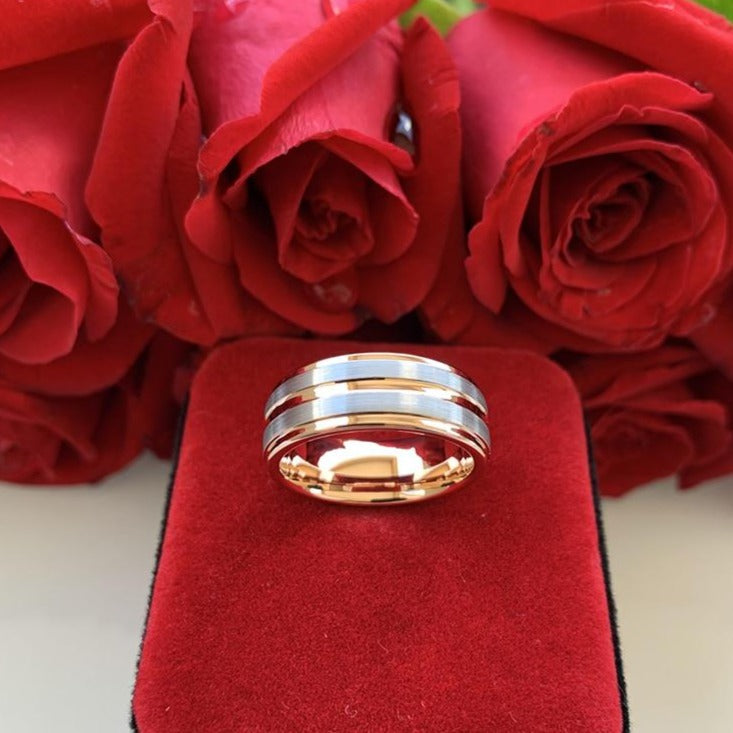 8mm Center Groove Rose Gold & Silver Tungsten Men's Ring - Promise Rings