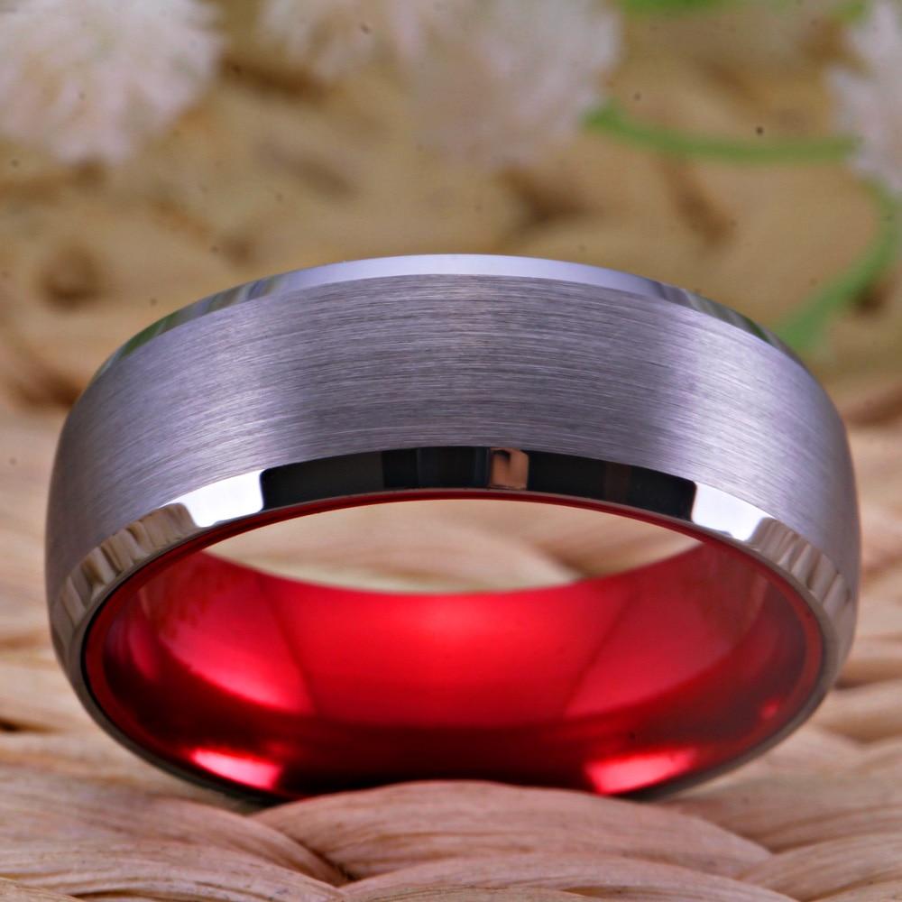 8mm Classic Romantic Red & Silver Brushed Mens Ring - Promise Rings