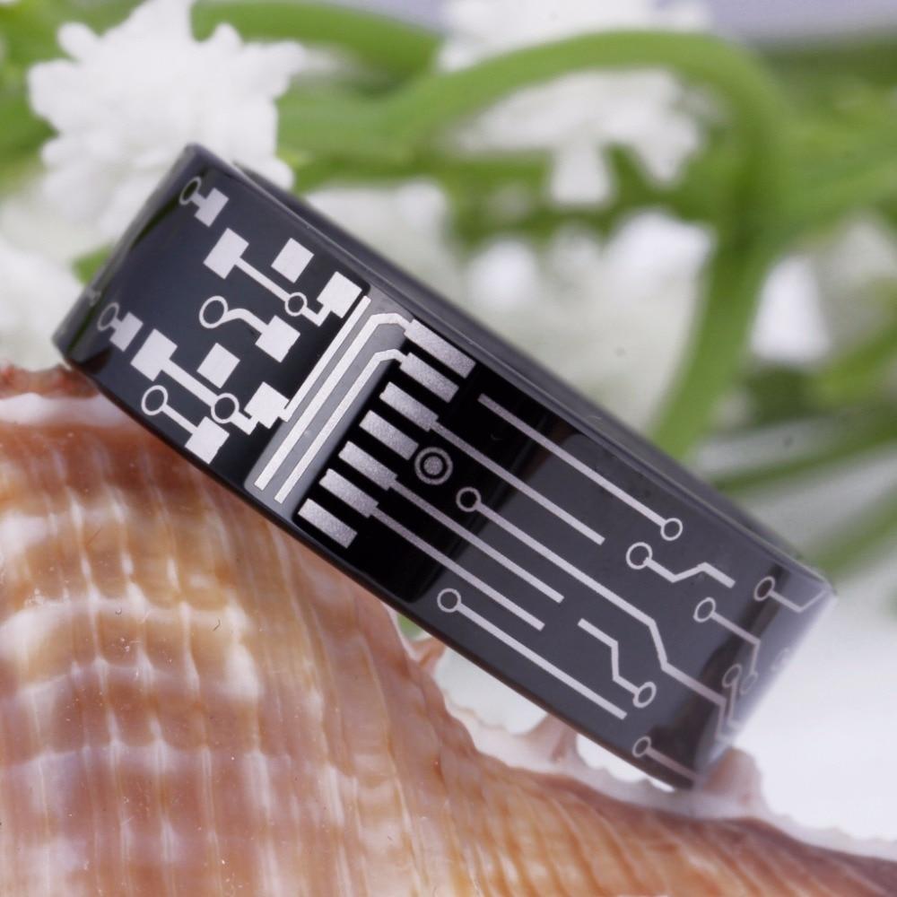 8mm Computer Circuit Board Design Black Gamer Mens Ring - Promise Rings