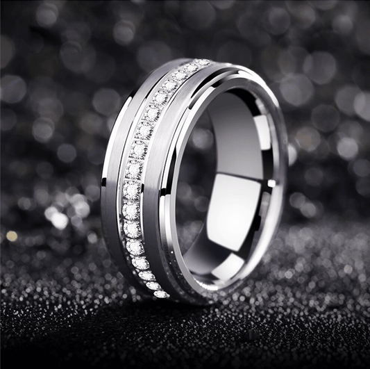 8mm Cubic Zirconias Silver Tungsten Mens Ring - Promise Rings