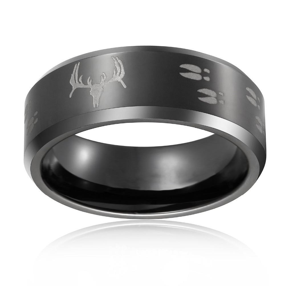 8mm Deer Buck Antlers & Hoof Prints Black Tungsten Mens Ring - Promise Rings