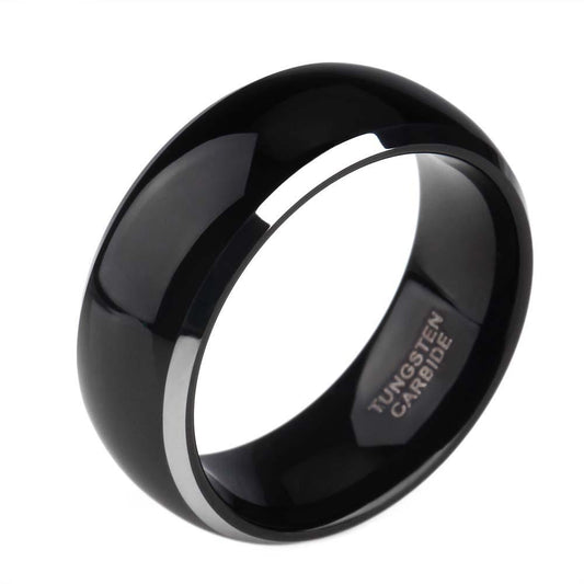 8mm Dome Black & Silver Edges High Polished Tungsten Mens Ring - Promise Rings