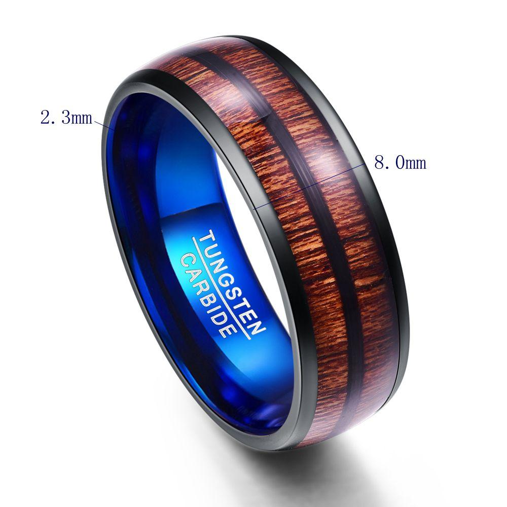 8mm Double Inlaid Acacia Wood & Blue Tungsten Mens Ring - Promise Rings