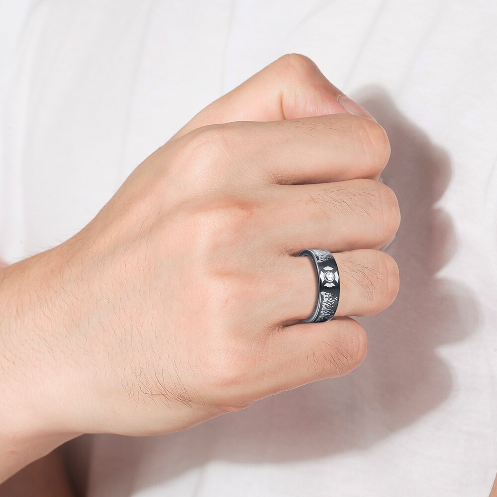 8mm Fire Flames Pattern & CZ Stone Tungsten Unisex Ring - Promise Rings