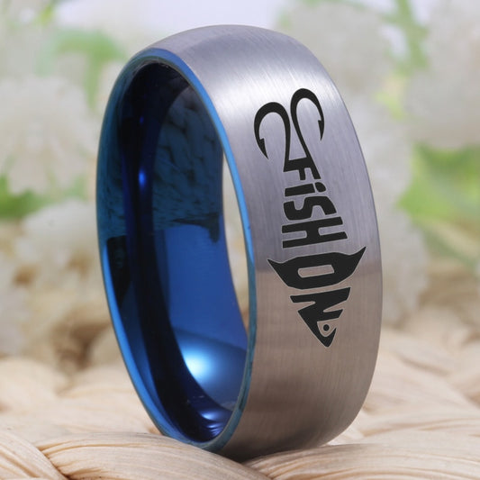 8mm Fishing Fish Hook Silver & Blue Tungsten Rings - Promise Rings