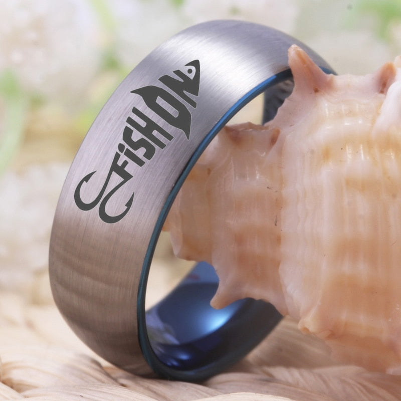 8mm Fishing Fish Hook Silver & Blue Tungsten Rings - Promise Rings