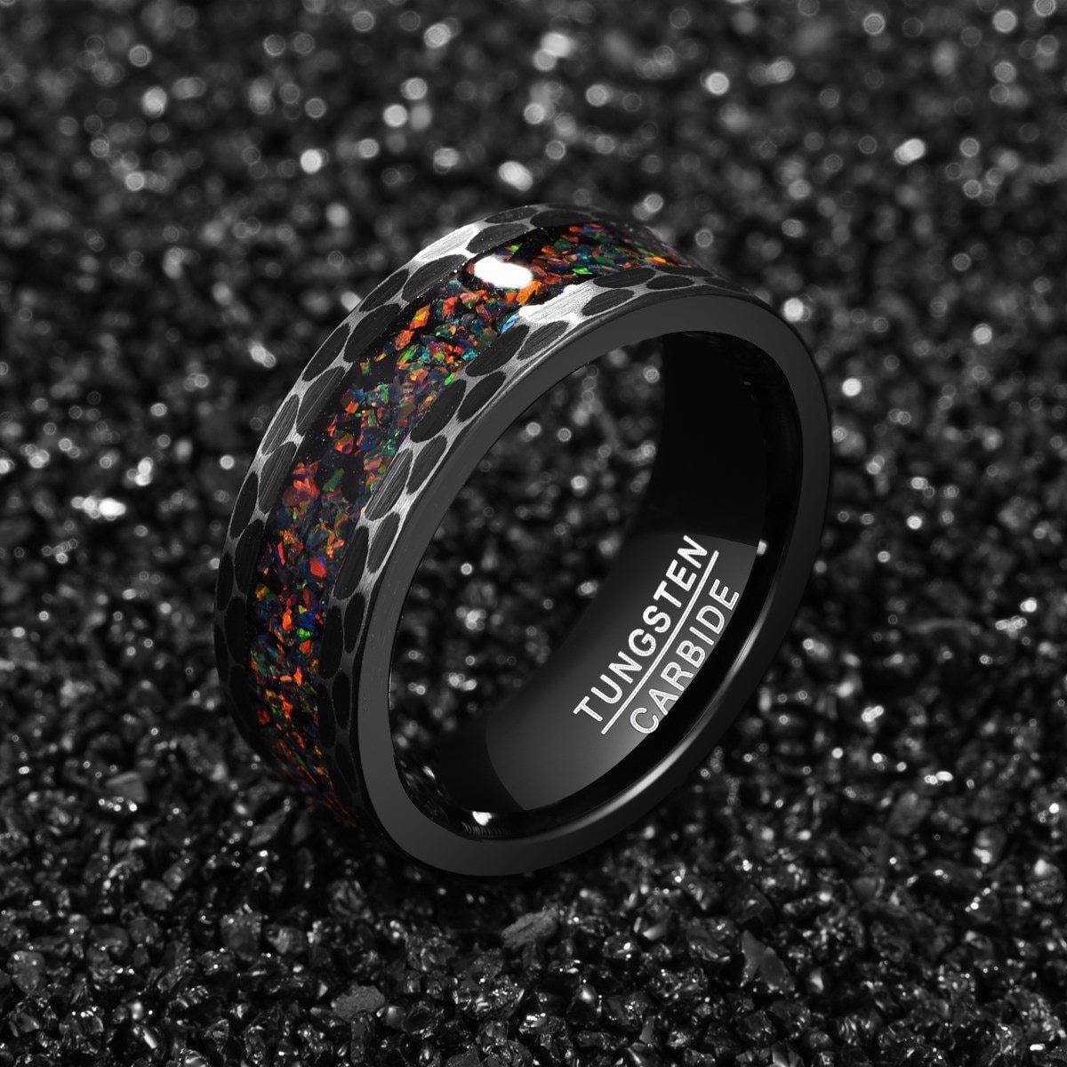 8mm Flower Brushed & Inlaid Synthetic Opal Tungsten Mens Ring - Promise Rings