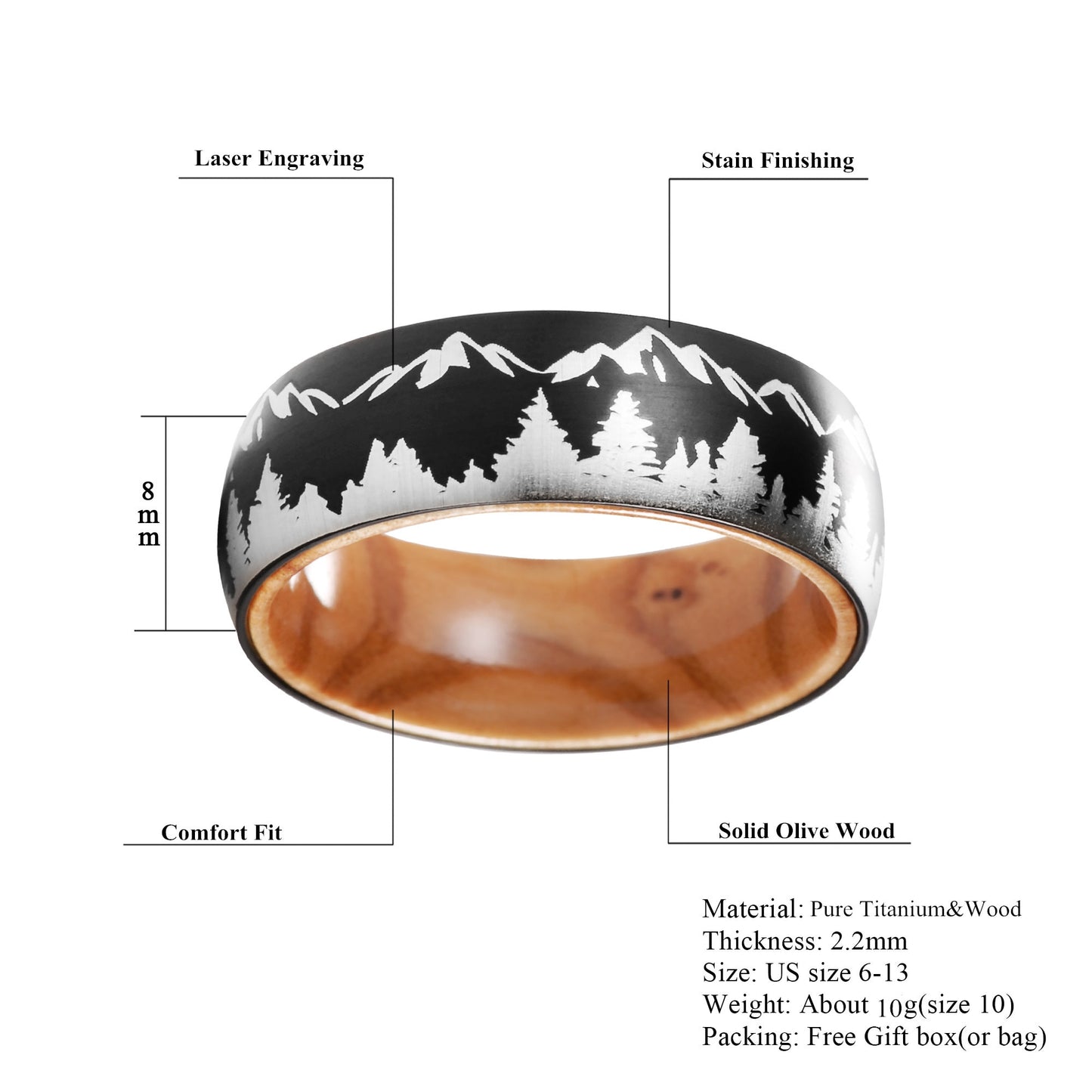 8mm Forest & Mountains Black Titanium Wood Unisex Ring - Promise Rings