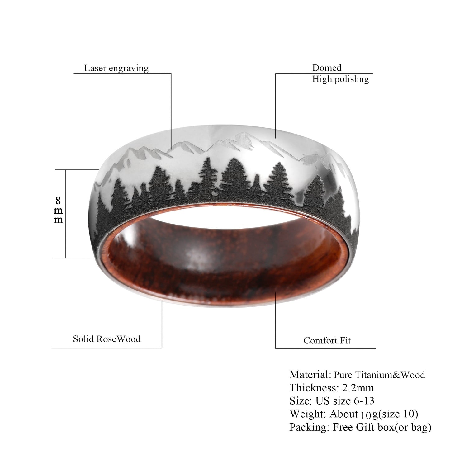 8mm Forest & Mountains Titanium Barrel Wood Unisex Ring - Promise Rings