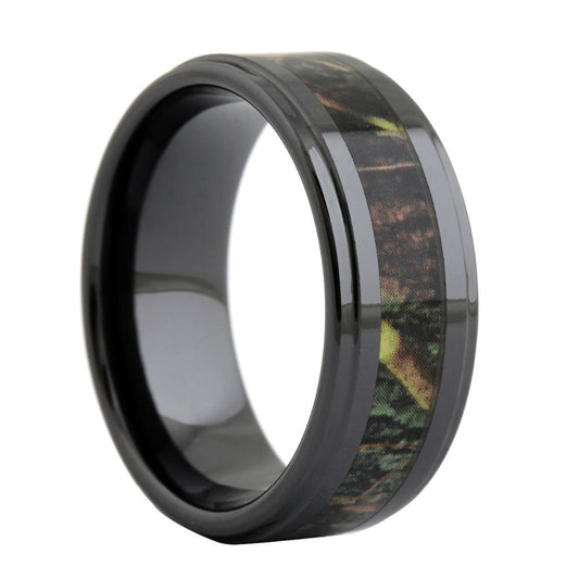 8mm Forest Nature Camo Inlay Black Ceramic Mens Ring - Promise Rings