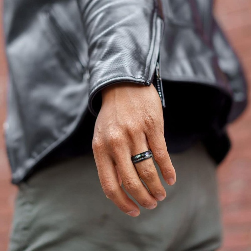 8mm Galaxy Opal & Abalone Shell Black Tungsten Unisex Ring - Promise Rings