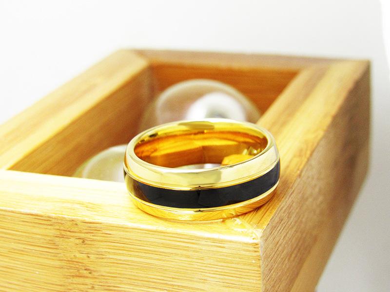 8mm Gold & Black Groove Inlay Mens Ring - Promise Rings
