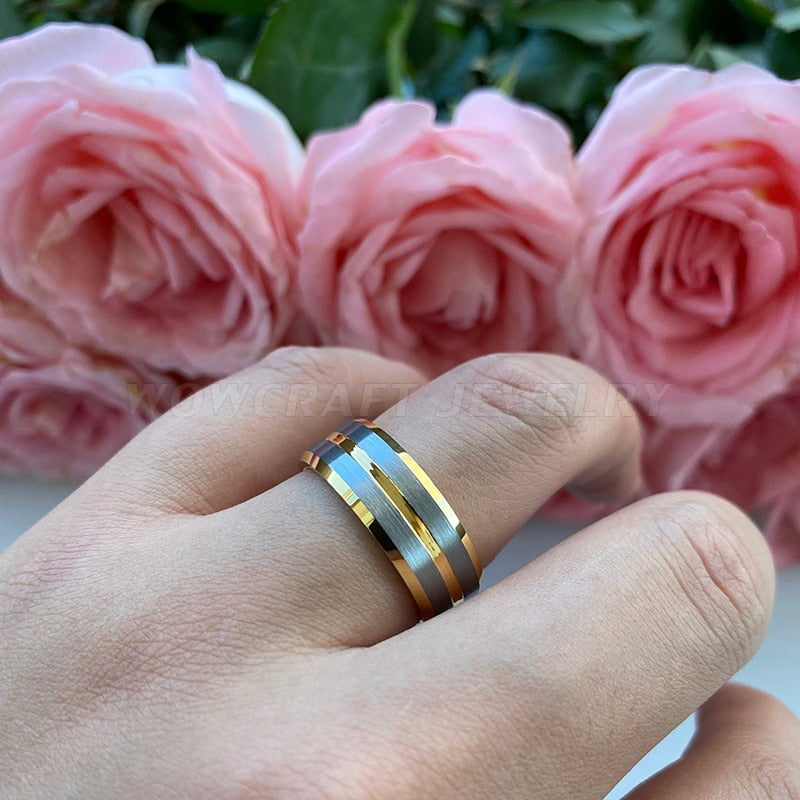 8mm Gold and Silver Brushed Tungsten Mens Ring - Promise Rings