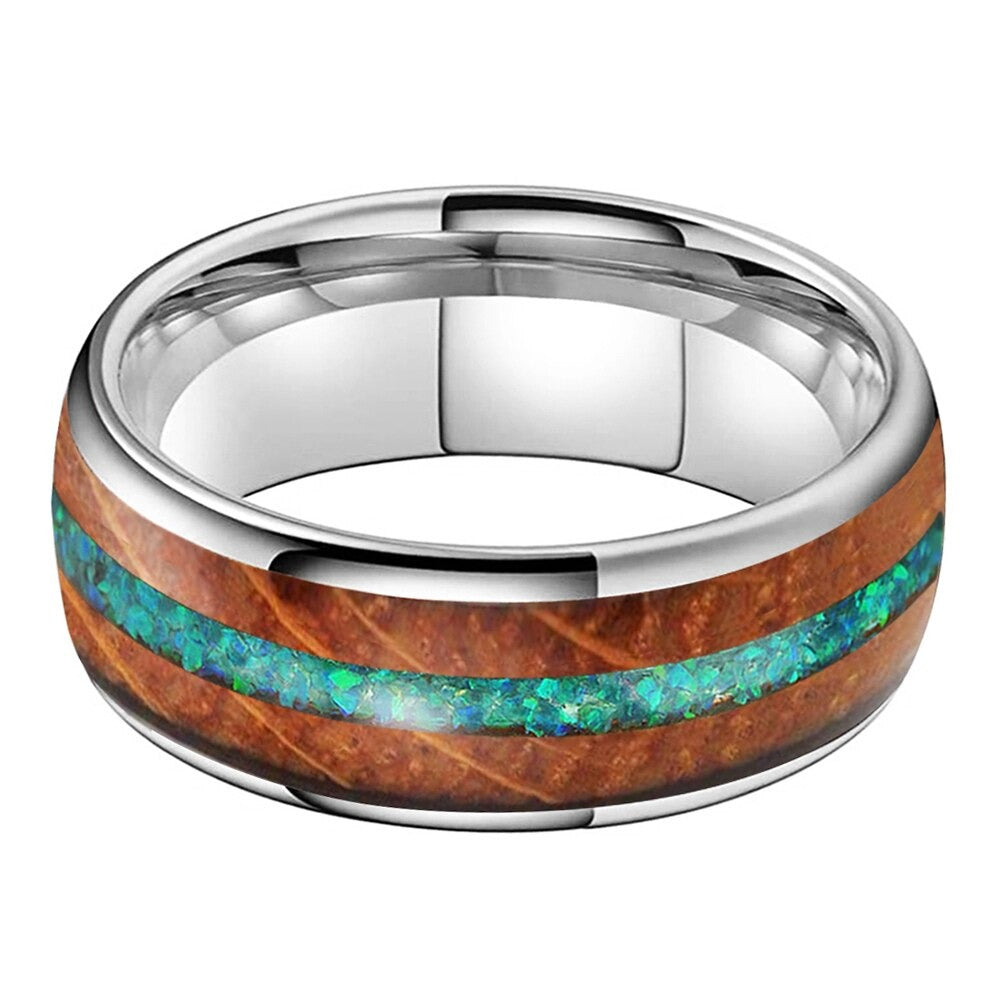 8mm Green Opal & Whiskey Barrel Wood Silver Tungsten Unisex Ring - Promise Rings