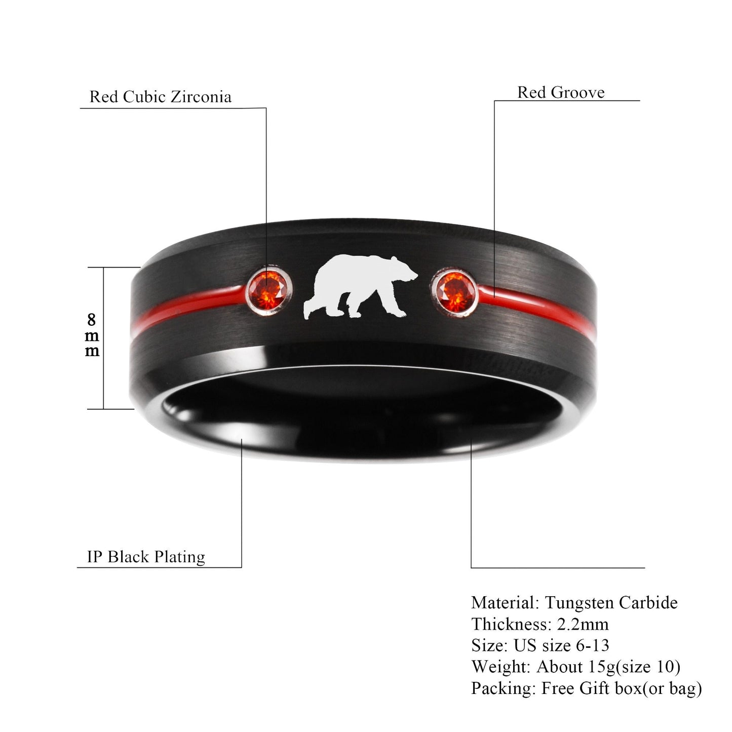 8mm Grizzly Bear Red Stones & Black Tungsten Unisex Ring - Promise Rings