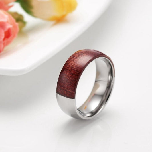 8mm Half Wooden & Half Silver Titanium Mens Ring - Promise Rings