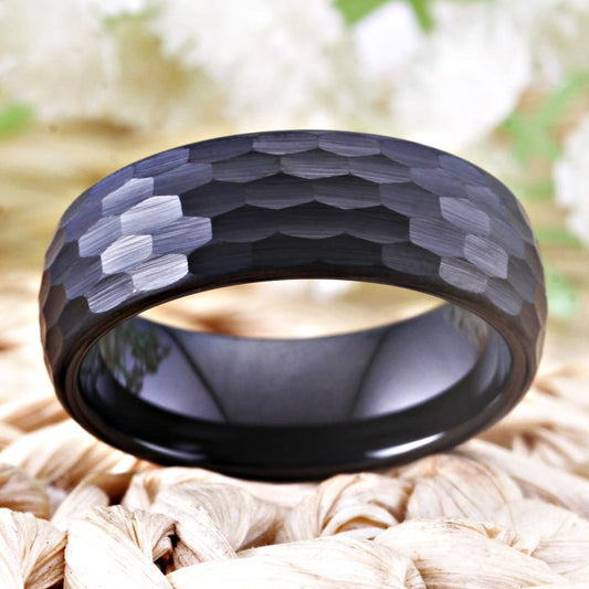 8mm Hammered Black Tungsten Mens Ring - Promise Rings