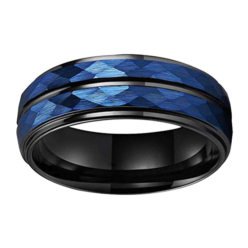 8mm Hammered Shiny Blue & Black Tungsten Mens Ring - Promise Rings
