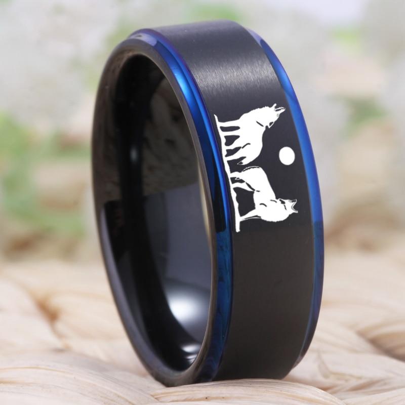 8mm Howling Wolf Tungsten Black & Blue Mens Ring - Promise Rings