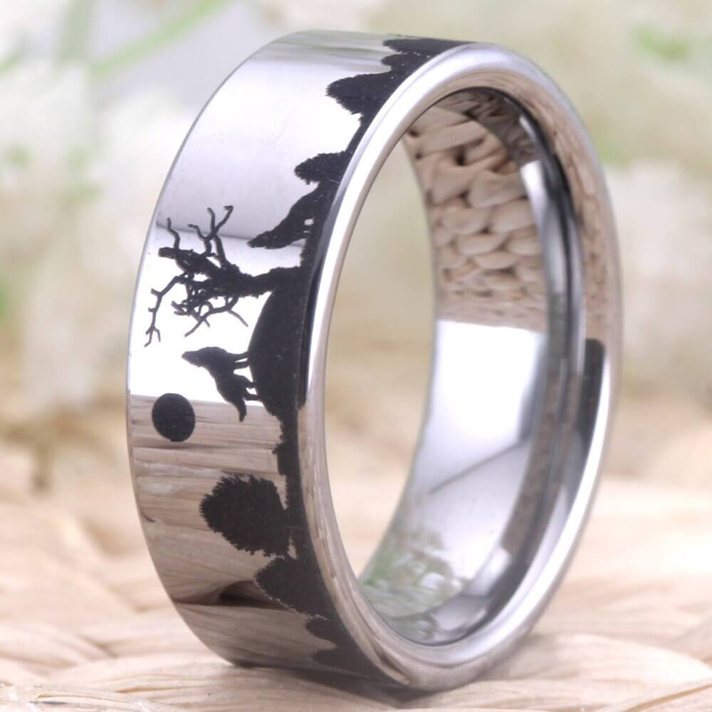 8mm Howling Wolves Silver Tungsten Unisex Ring - Promise Rings