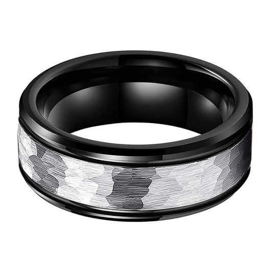 8mm I Love You Black & Silver Hammered Men's Ring - Promise Rings