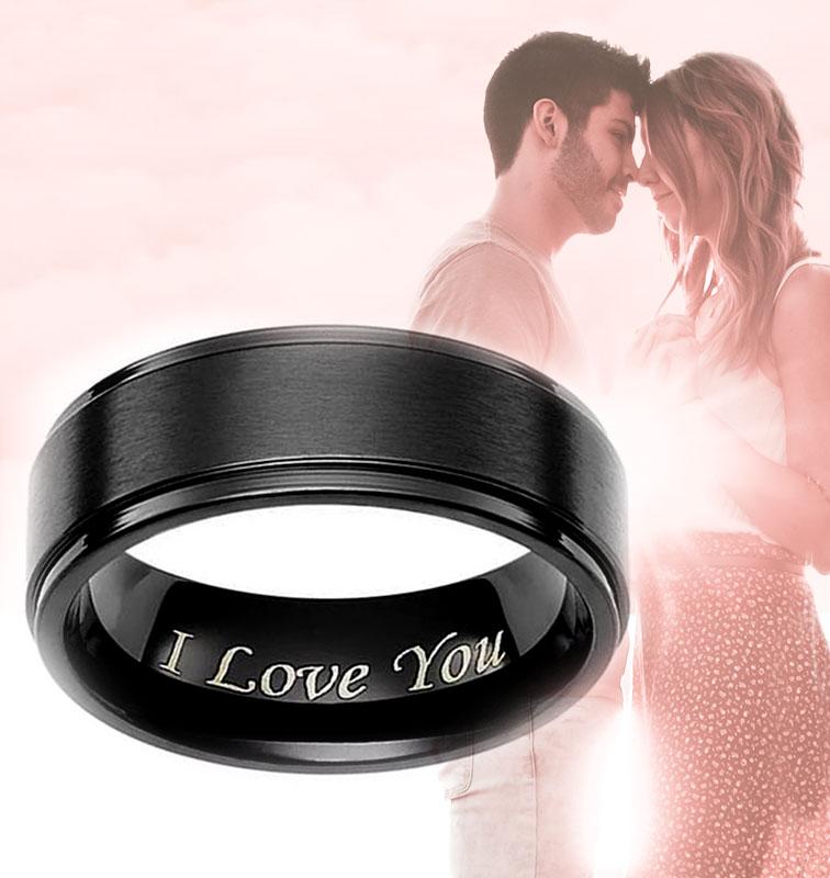 8mm I Love You Black Titanium Mens Ring - Promise Rings