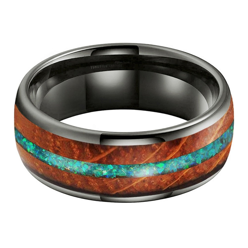 8mm Imitation Green Opal, Whiskey Barrel Wood Inlay & Gunmetal Tungsten Unisex Ring - Promise Rings
