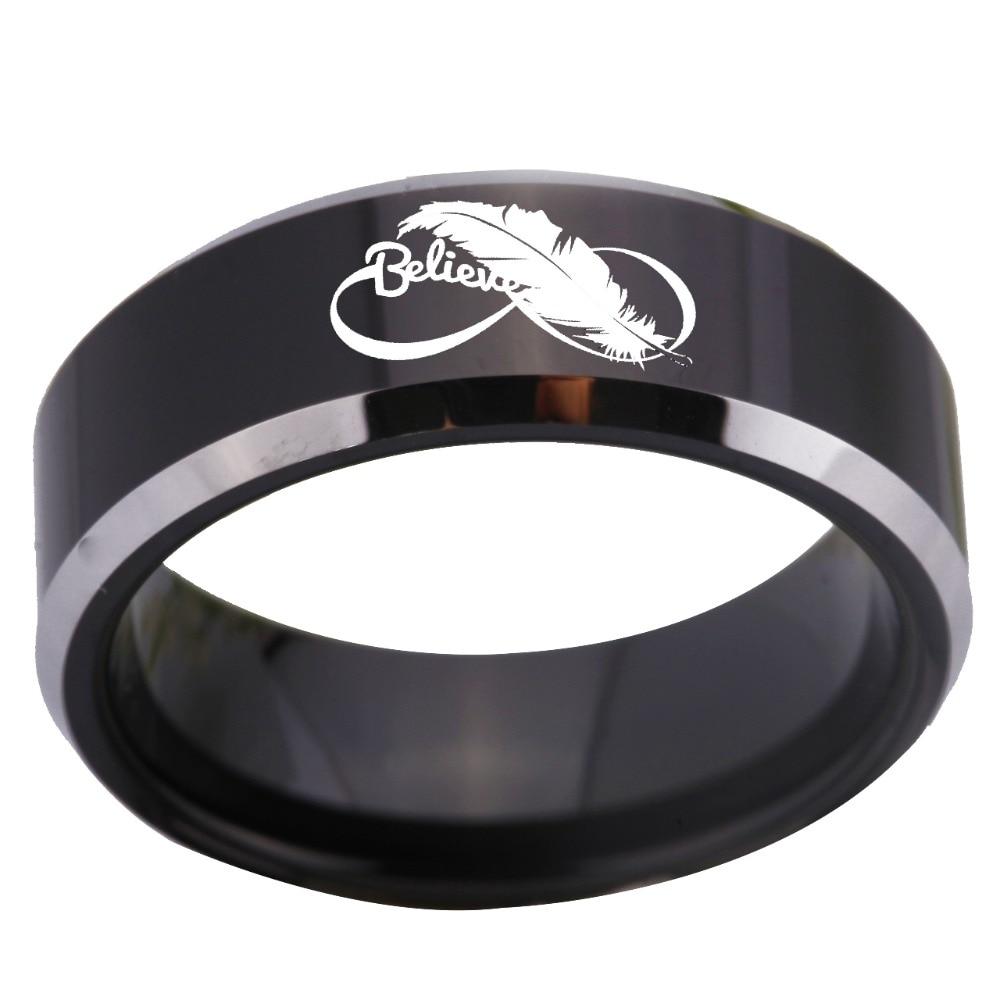 8mm Infinity Feather Believe Black Tungsten Men's Ring - Promise Rings