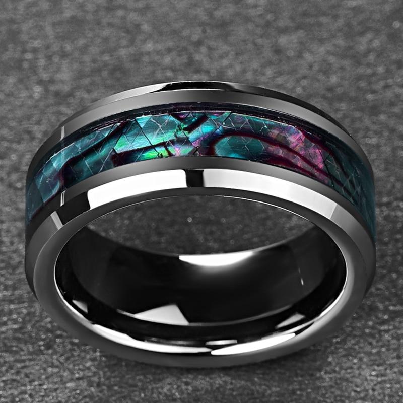 8mm Inlaid Abalone Shell Beveled Silver Tungsten Mens Ring - Promise Rings