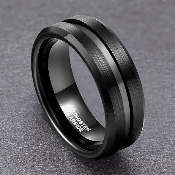 8mm Jet Black Brushed Tungsten Mens Ring - Promise Rings