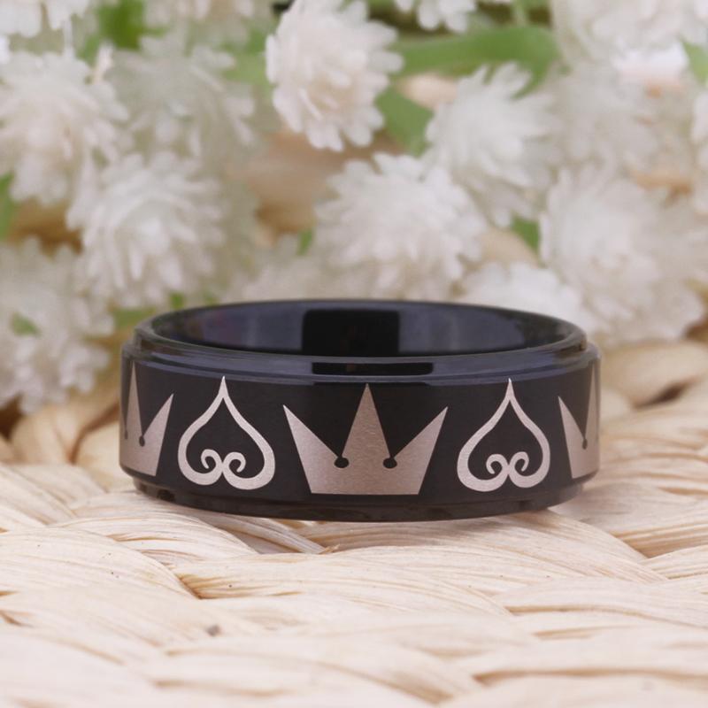 8mm King Crown & Hearts Black Tungsten Men's Ring - Promise Rings
