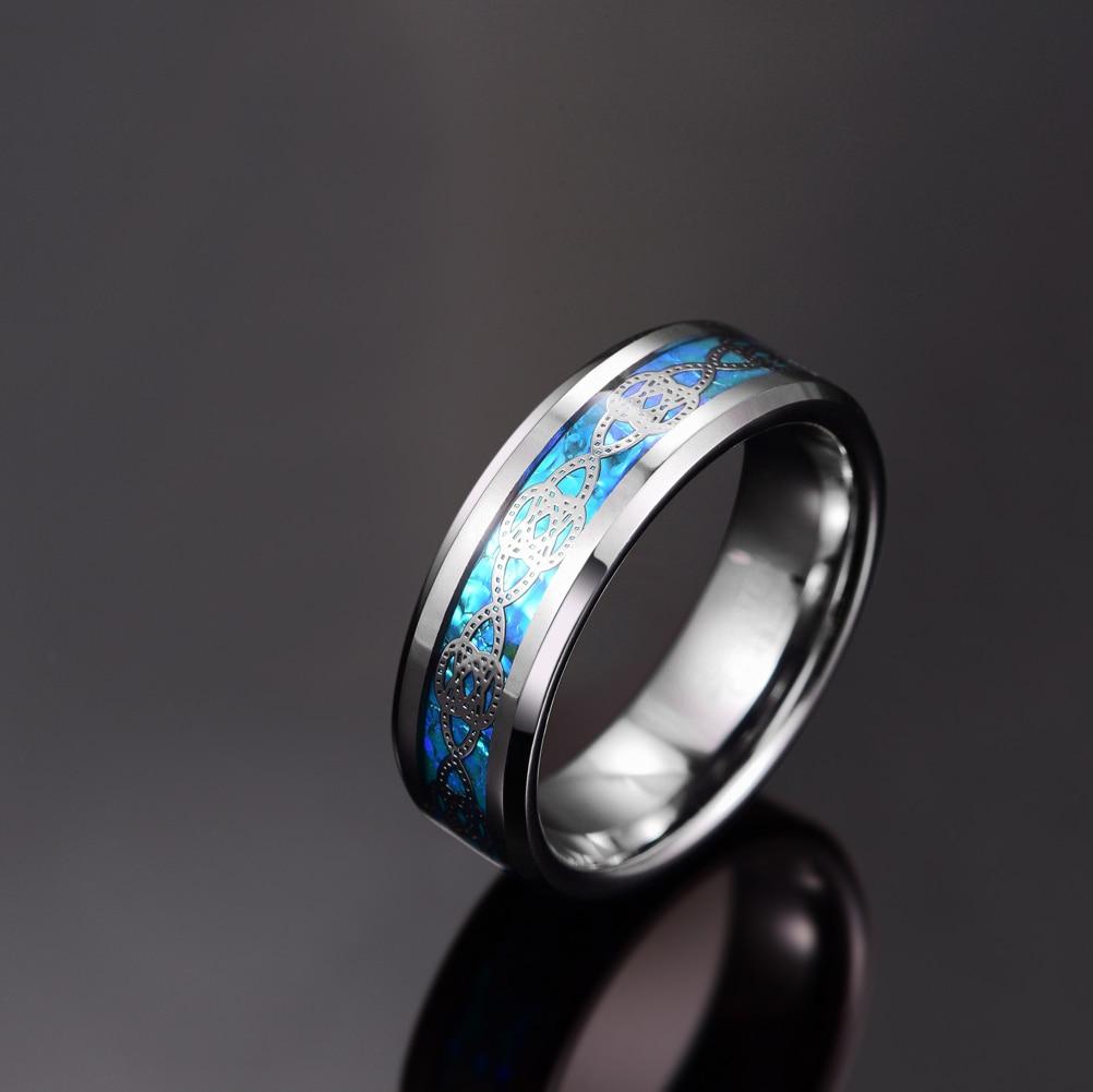 8mm Knot Inlay Pattern & Imitation Blue Opal Silver Tungsten Mens Ring - Promise Rings