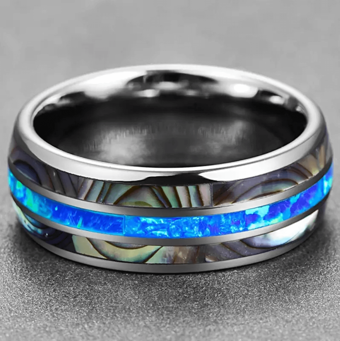 8mm Luxury Fire Opal & Abalone Shell Inlay Silver Tungsten Unisex Ring - Promise Rings