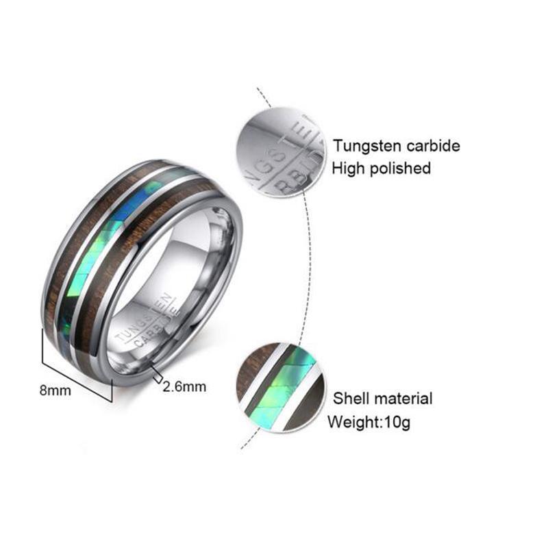 8mm Luxury Wood & Abalone Shell Silver Tungsten Mens Ring - Promise Rings