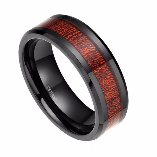 8mm Mahogany Wood Inlay Black Ceramic Unisex Ring - Promise Rings