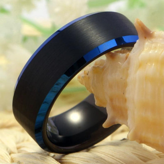 8mm Matte Black & Blue Polished Edges Tungsten Mens Ring - Promise Rings