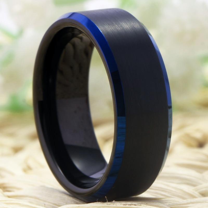 8mm Matte Black & Blue Polished Edges Tungsten Mens Ring - Promise Rings