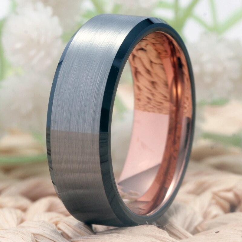 8mm Matte Silver, Black & Rose Gold Tungsten Mens Ring - Promise Rings